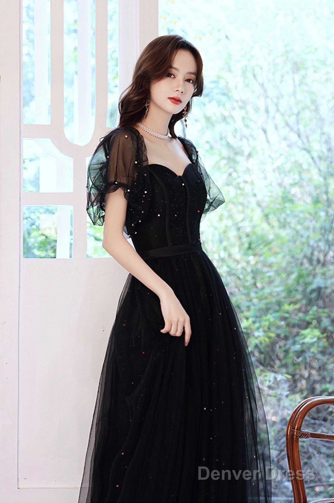 Black Tulle Sequins Long Prom Dress, Black Short Sleeve Evening Dress