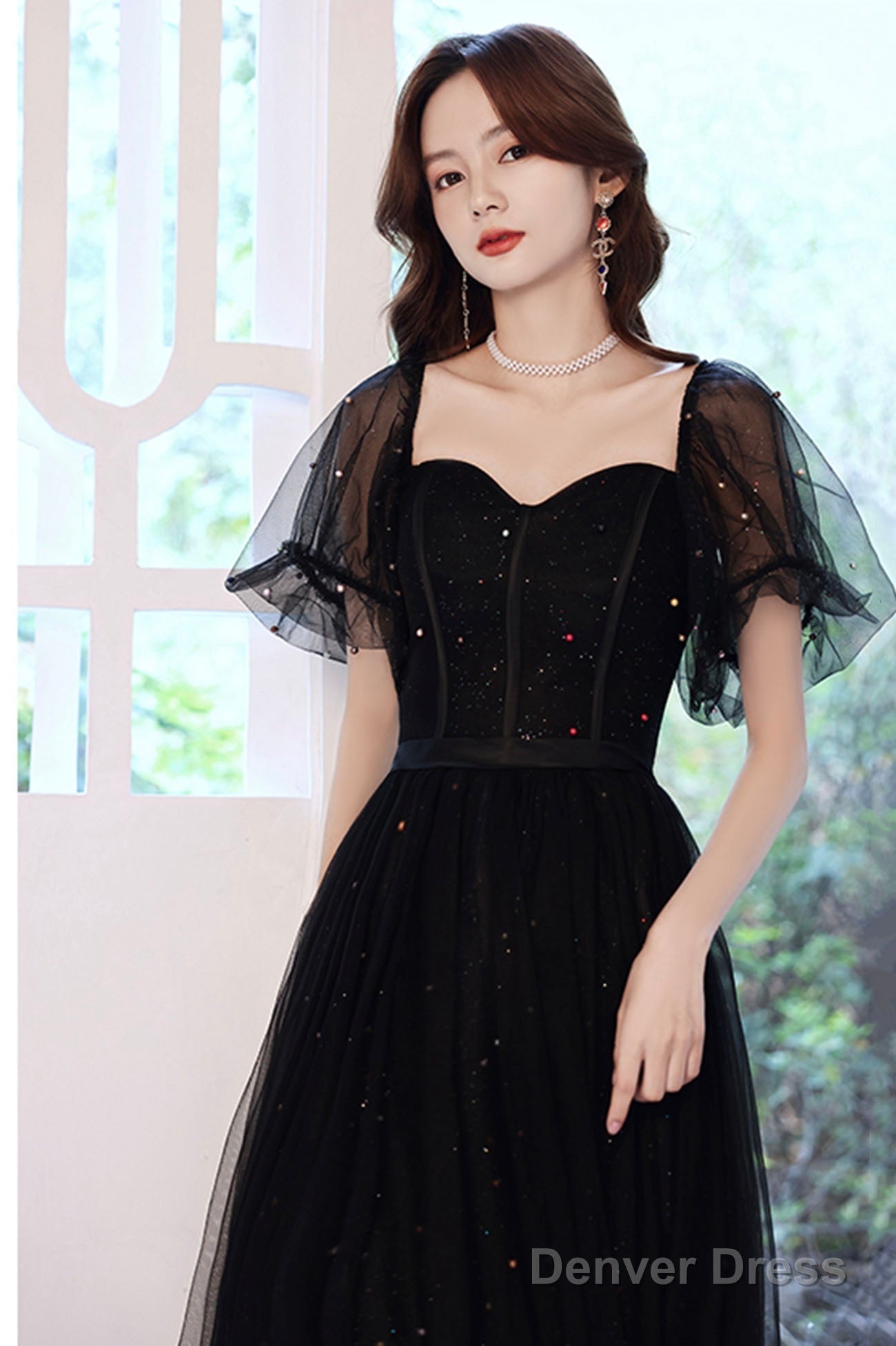 Black Tulle Sequins Long Prom Dress, Black Short Sleeve Evening Dress
