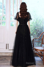 Black Tulle Sequins Long Prom Dress, Black Short Sleeve Evening Dress