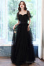 Black Tulle Sequins Long Prom Dress, Black Short Sleeve Evening Dress