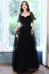 Black Tulle Sequins Long Prom Dress, Black Short Sleeve Evening Dress