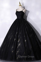 Black Tulle Sequins Long Prom Dresses, Black Spaghetti Straps Evening Dresses