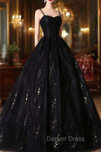 Black Tulle Sequins Long Prom Dress, Black Spaghetti Straps Prom Dresses