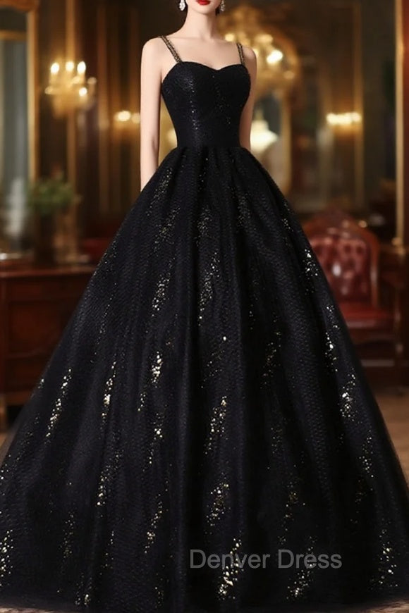 Black Tulle Sequins Long Prom Dress, Black Spaghetti Straps Prom Dresses