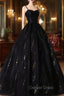 Black Tulle Sequins Long Prom Dress, Black Spaghetti Straps Prom Dresses