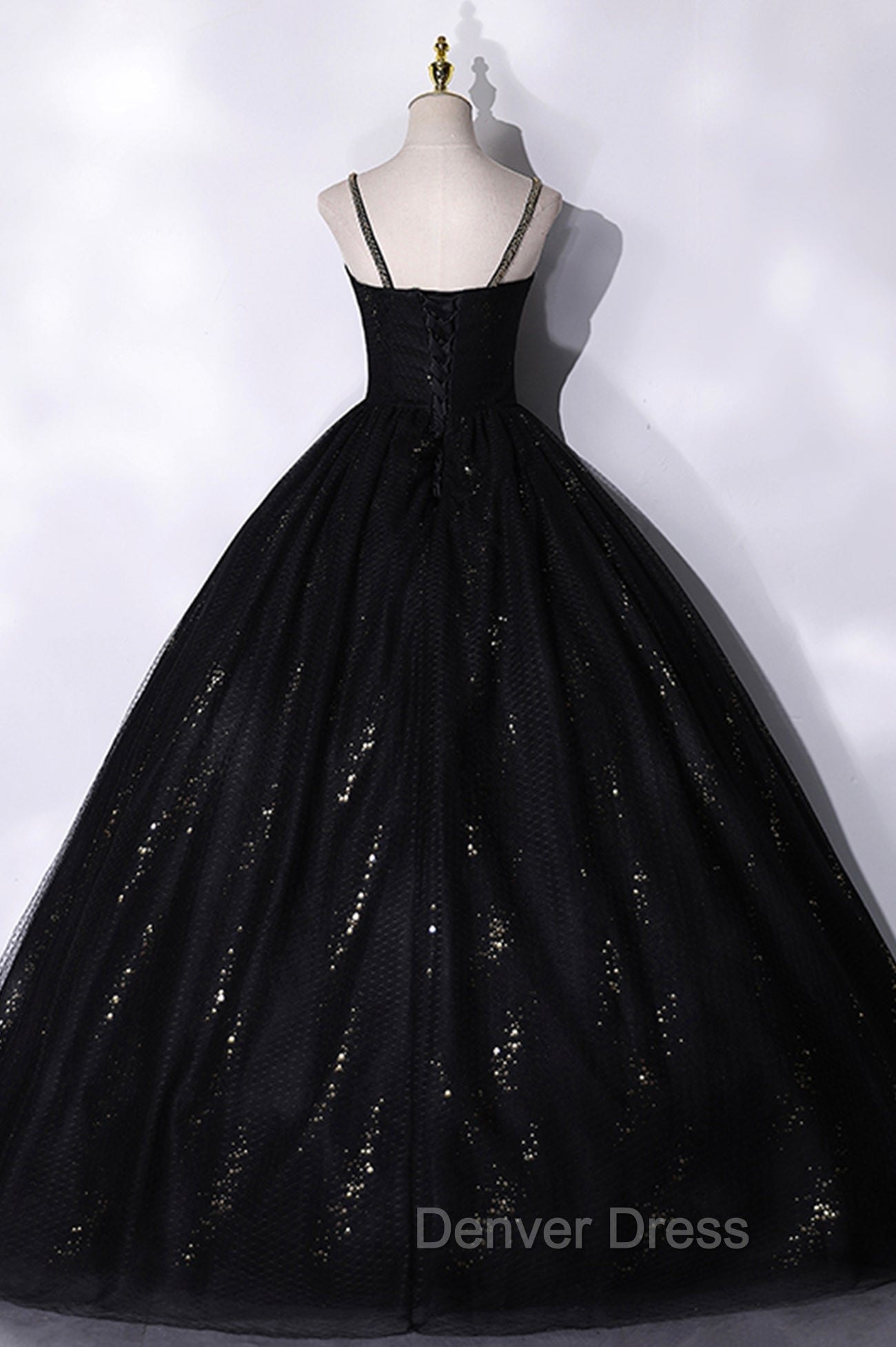 Black Tulle Sequins Long Prom Dresses, Black Spaghetti Straps Evening Dresses
