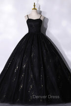 Black Tulle Sequins Long Prom Dresses, Black Spaghetti Straps Evening Dresses