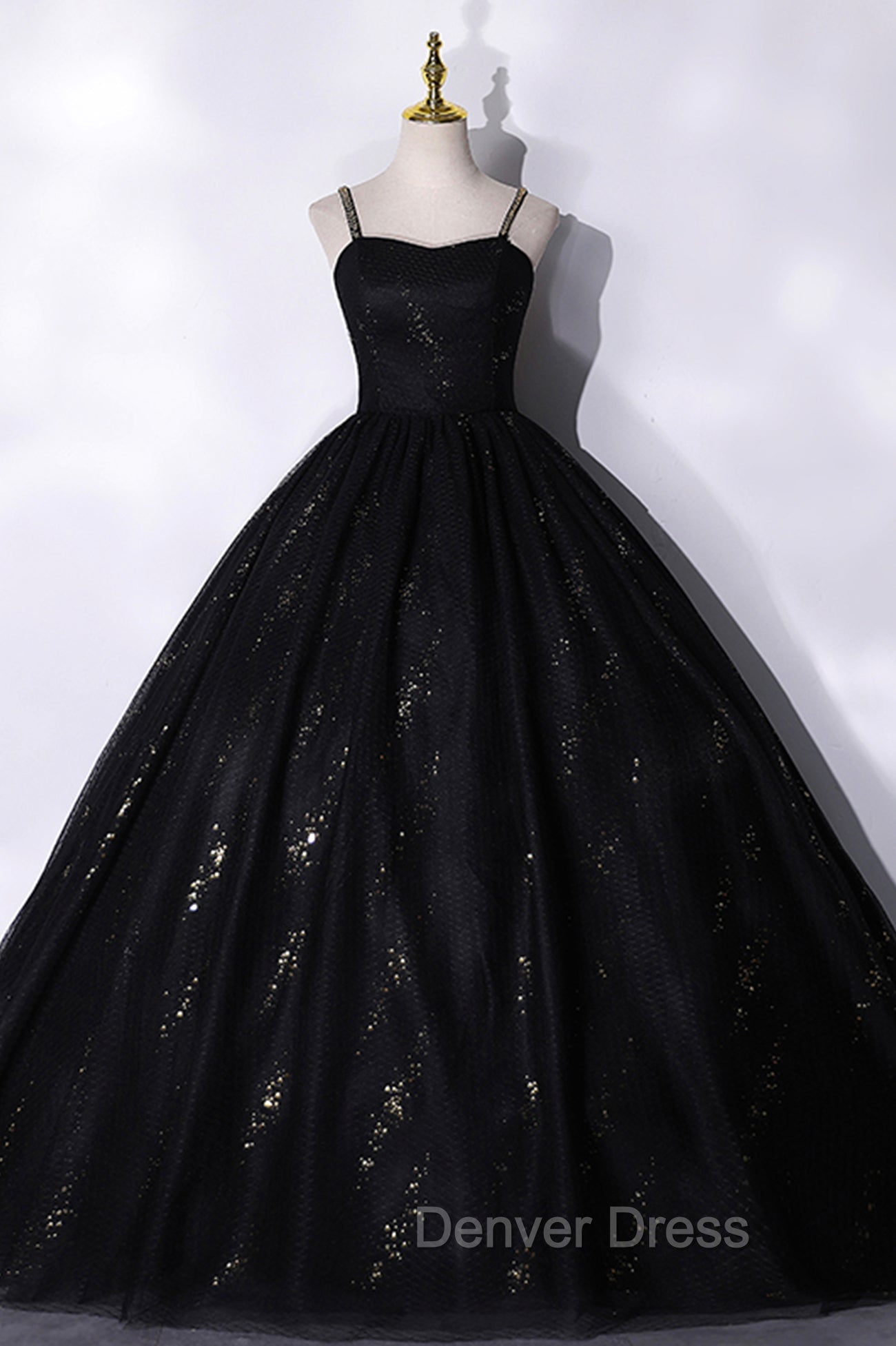Black Tulle Sequins Long Prom Dresses, Black Spaghetti Straps Evening Dresses