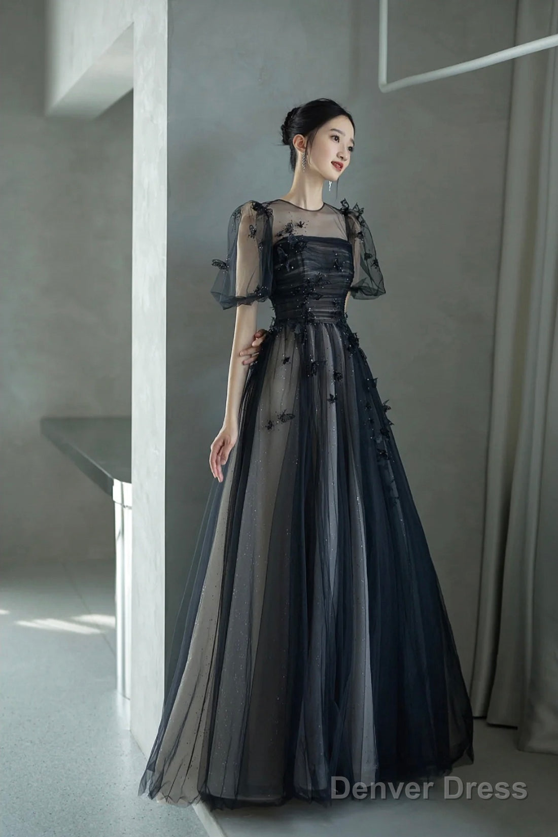 Black Tulle Sequins Long Prom Dress, Lovely A-Line Evening Party Dress