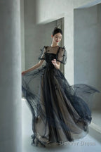 Black Tulle Sequins Long Prom Dress, Lovely A-Line Evening Party Dress
