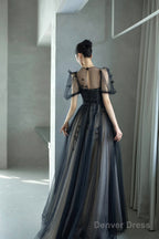 Black Tulle Sequins Long Prom Dress, Lovely A-Line Evening Party Dress