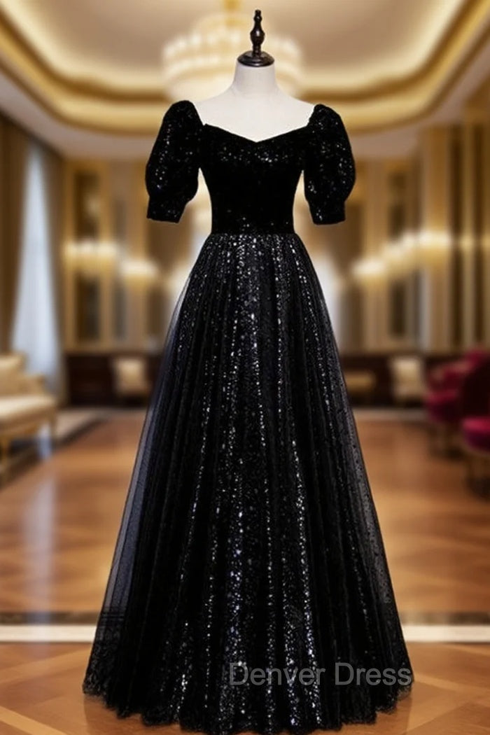 Black Tulle Sequins Square Short Sleeve Prom Dresses