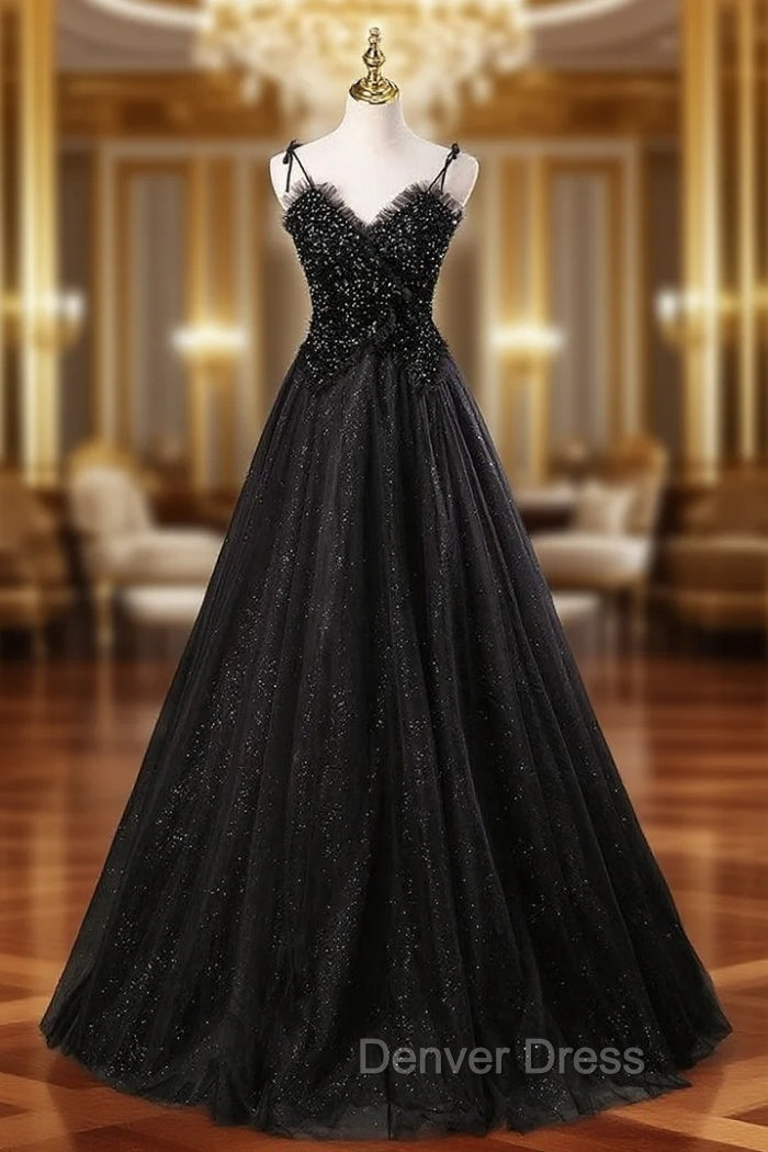 Black Tulle Sequins Straps Beading Prom Dresses Main image