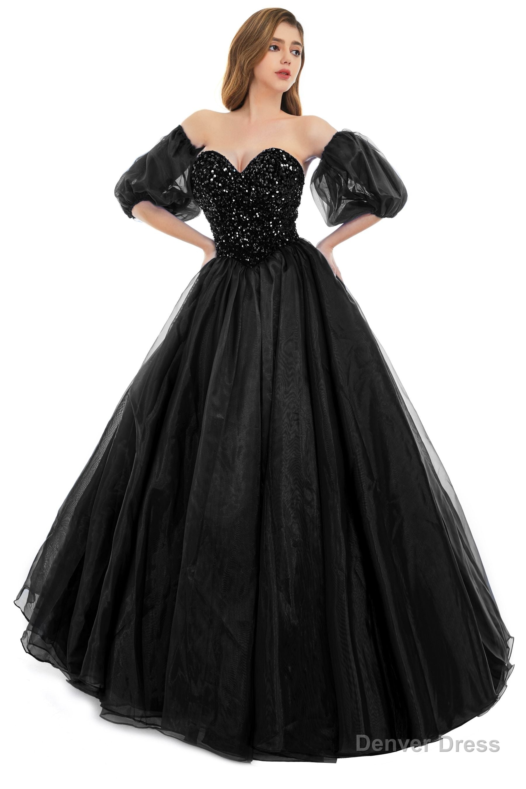 Black Tulle Sequins Sweetheart Prom Dresses Spaghetti Straps Evening Quinceanera Dresses Main image