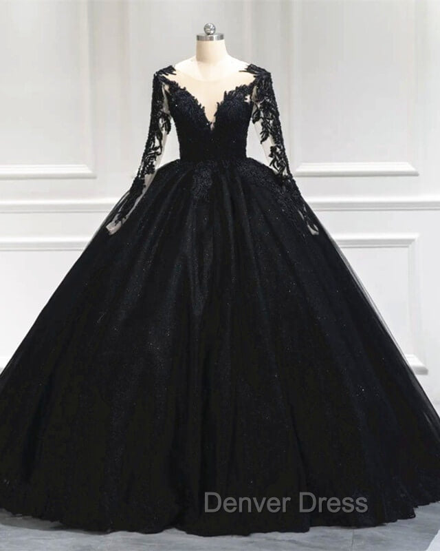 Black Tulle Sheer Neck Appliques Ball Gown Dresses