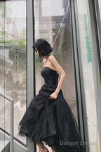 Black Tulle Short Prom Dress, Black Strapless Party Homecoming Dress