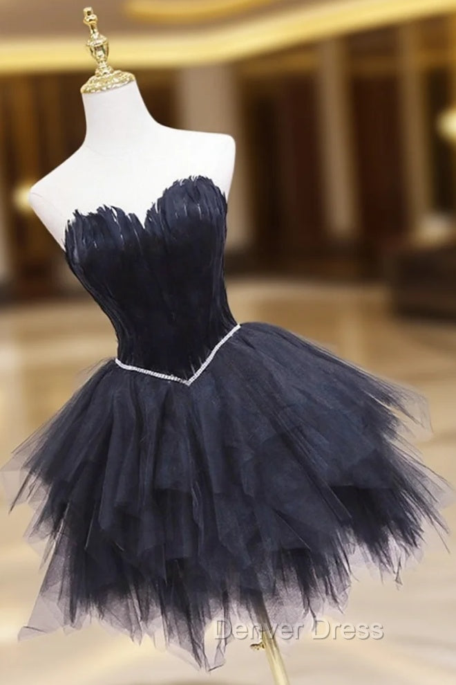 Black Tulle Short Prom Dresses with Feather, A-Line Sweetheart Neckline Party Dresses