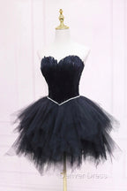 Black Tulle Short Prom Dress with Feather, A Line Sweetheart Neckline Prom Dresses