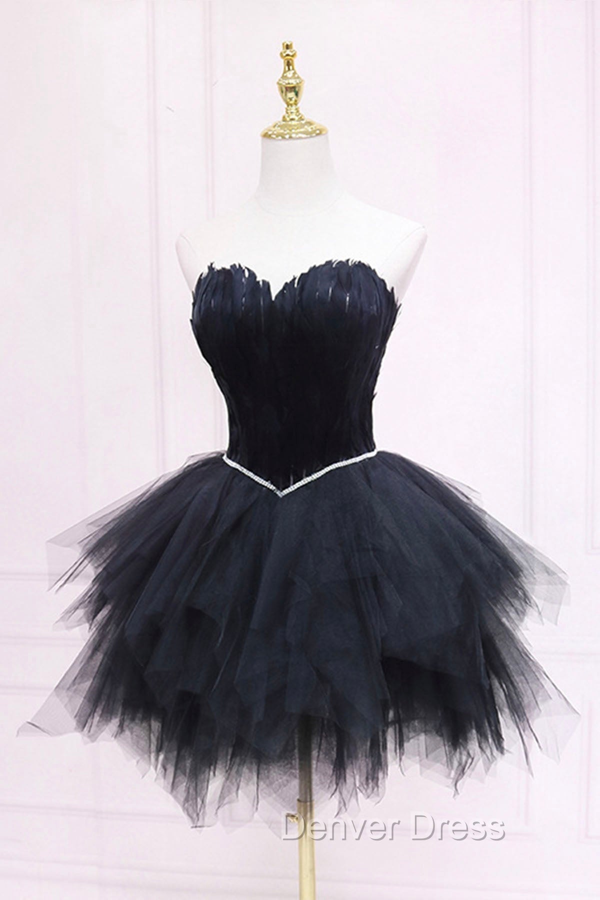 Black Tulle Short Prom Dress with Feather, A Line Sweetheart Neckline Prom Dresses