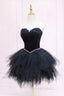 Black Tulle Short Prom Dress with Feather, A Line Sweetheart Neckline Prom Dresses