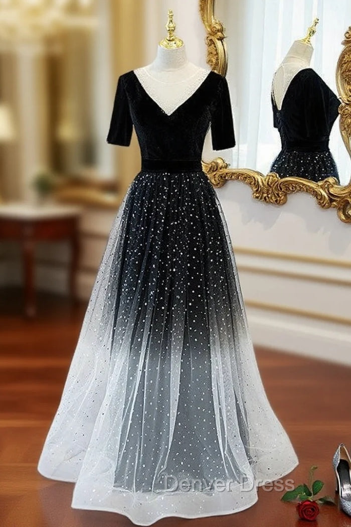 Black Tulle Short Sleeve Backless Prom Dresses Main image