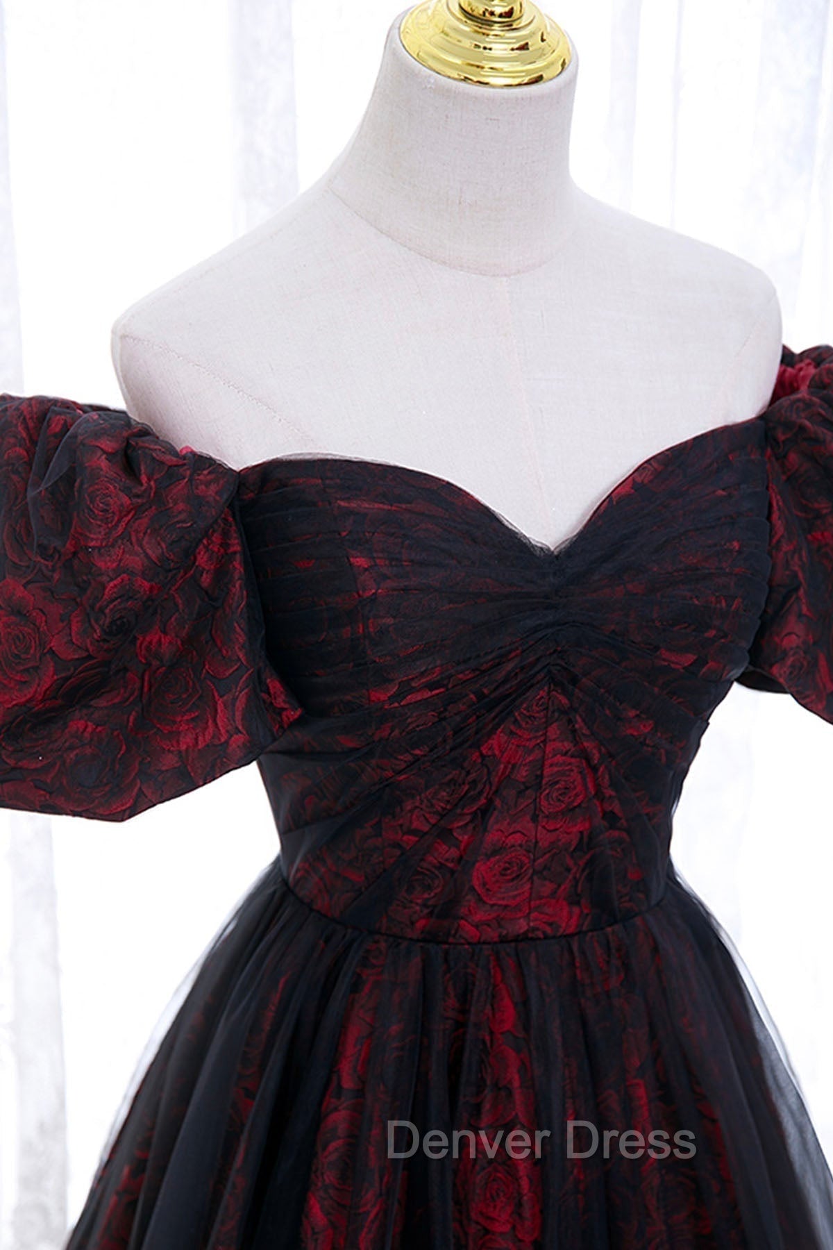Black Tulle Short Sleeve Prom Dress, Off the Shoulder Prom Dresses