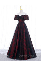 Black Tulle Short Sleeve Formal Evening Dresses, Off the Shoulder Prom Dresses