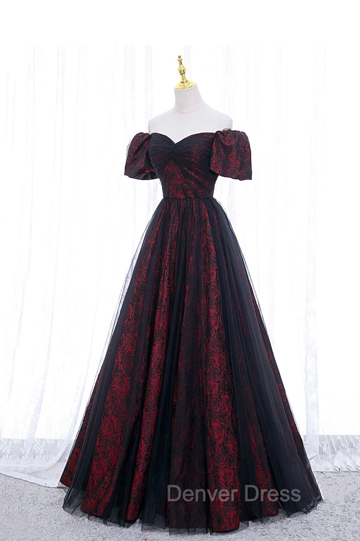 Black Tulle Short Sleeve Formal Evening Dresses, Off the Shoulder Prom Dresses