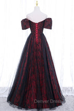 Black Tulle Short Sleeve Formal Evening Dresses, Off the Shoulder Prom Dresses