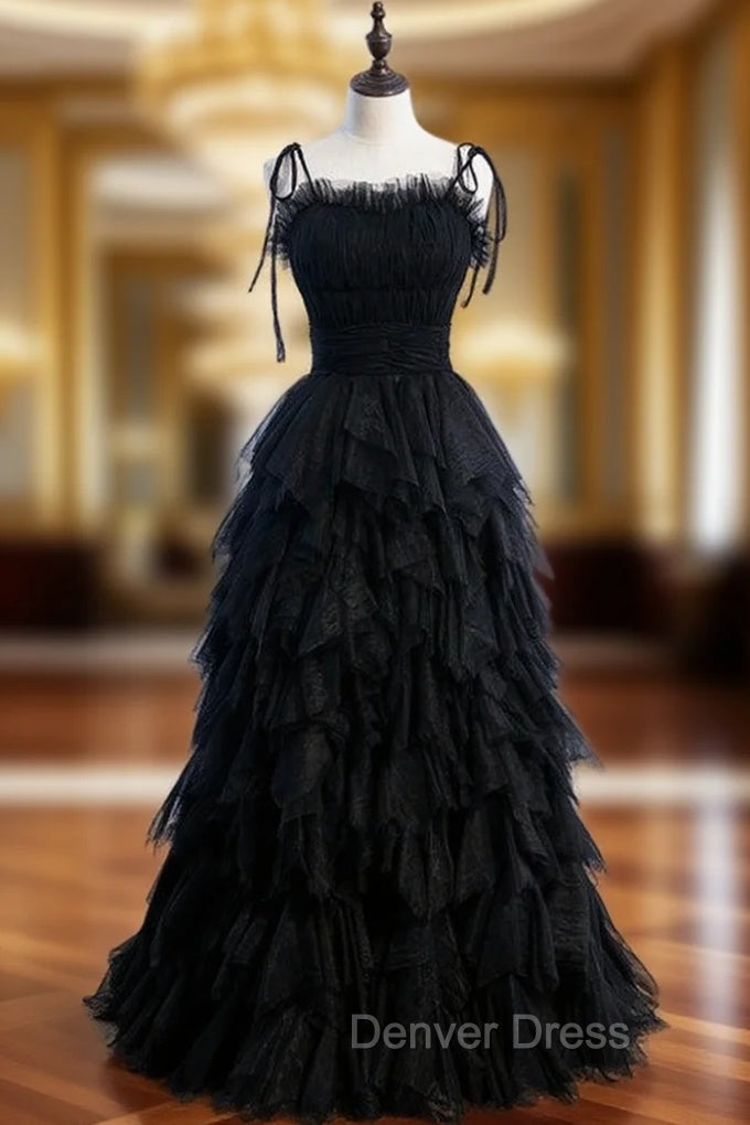 Black Tulle Spagehtti Straps Pleats Tiers Prom Dresses