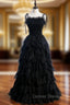 Black Tulle Spagehtti Straps Pleats Tiers Prom Dresses
