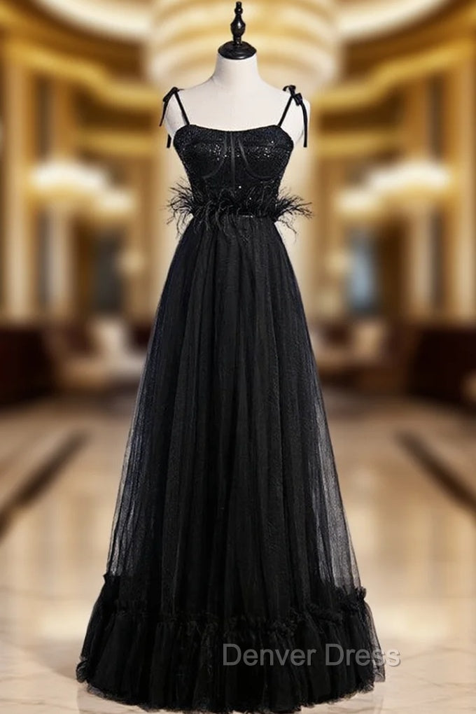 Black Tulle Spagehtti Straps Sequins Feather Prom Dresses