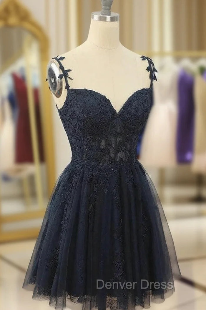 Black Tulle Spaghetti Straps Appliques Homecoming Dresses
