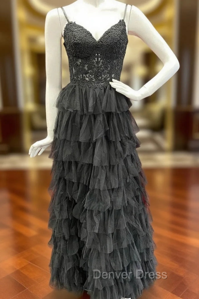 Black Tulle Spaghetti Straps Appliques Prom Dresses Main image
