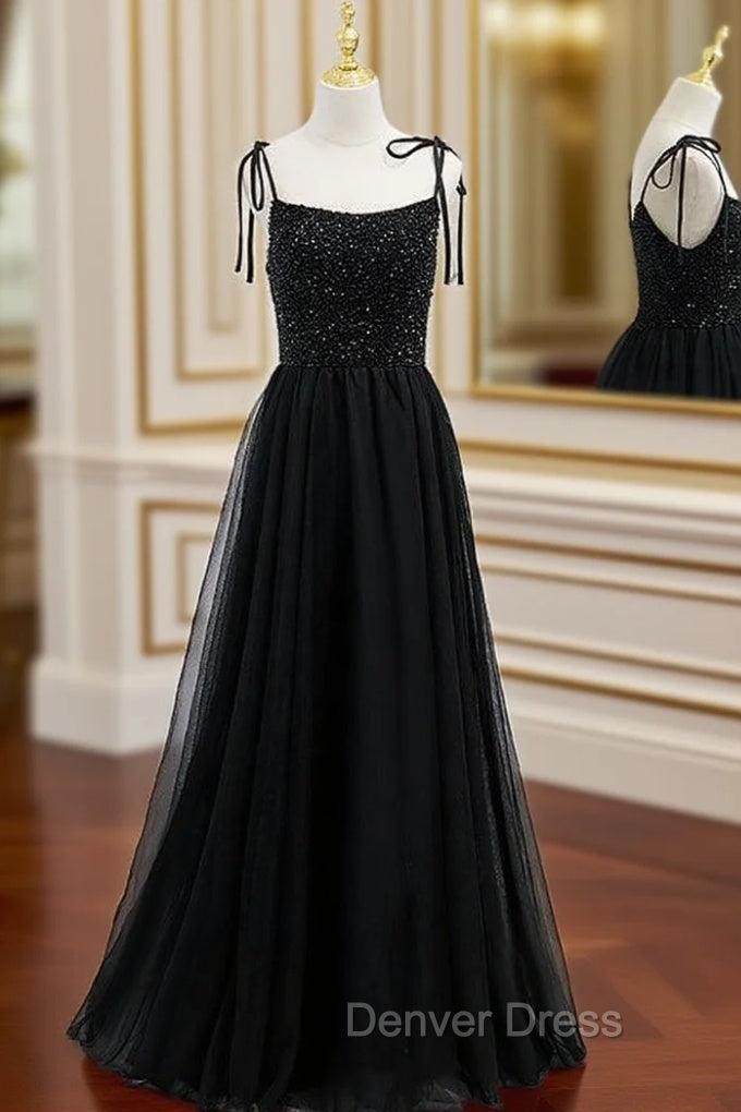 Black Tulle Spaghetti Straps Beading Prom Dresses Main image