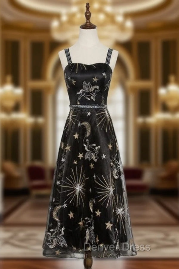 Black Tulle Spaghetti Straps Embroidery Tea Length Prom Dresses