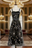 Black Tulle Spaghetti Straps Embroidery Tea Length Prom Dresses