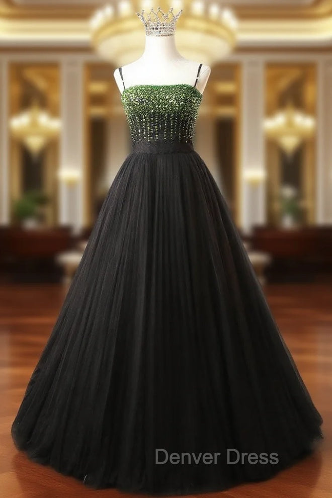 Black Tulle Spaghetti Straps Green Beading Prom Dresses