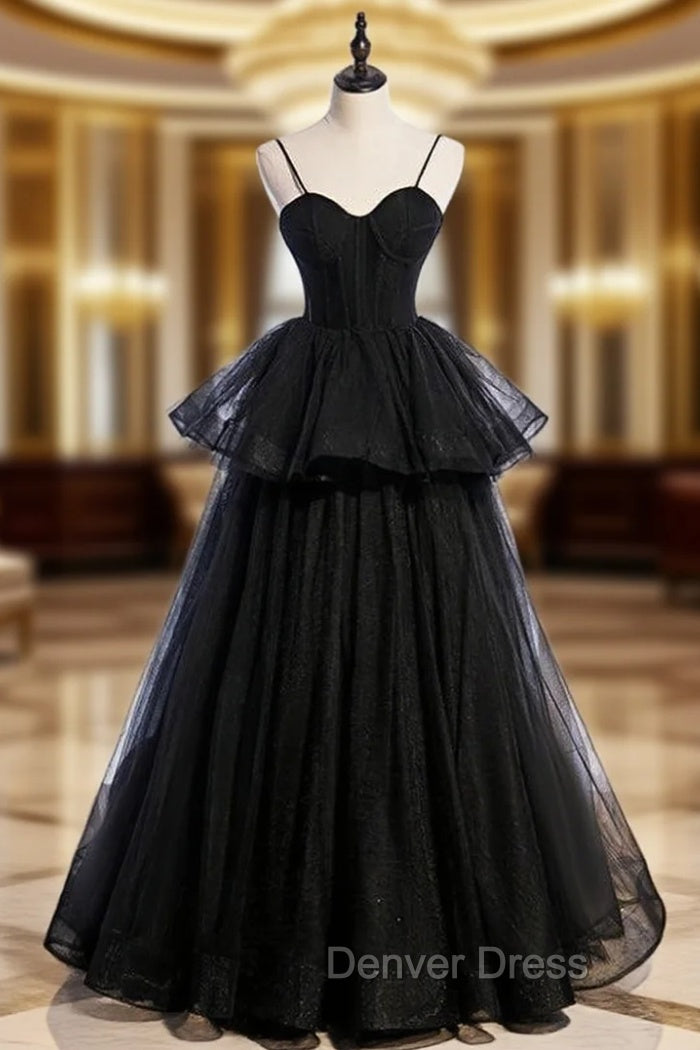 Black Tulle Spaghetti Straps Long Prom Dresses Main image