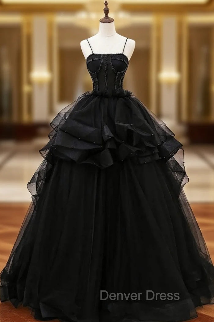 Black Tulle Spaghetti Straps Prom Dresses Main image