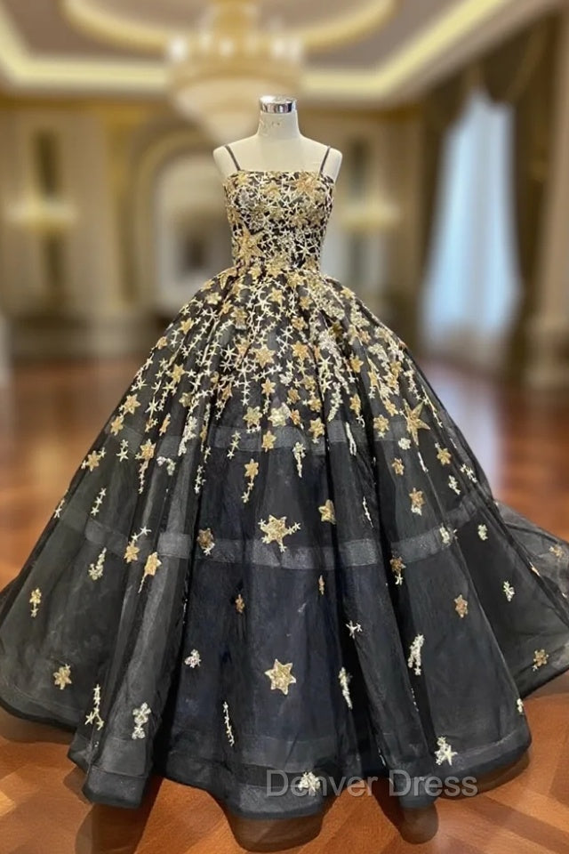 Black Tulle Spaghetti Straps Sequins Prom Dresses Main image