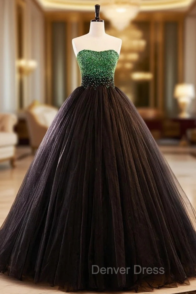 Black Tulle Strapless Green Beading Prom Dresses Main image