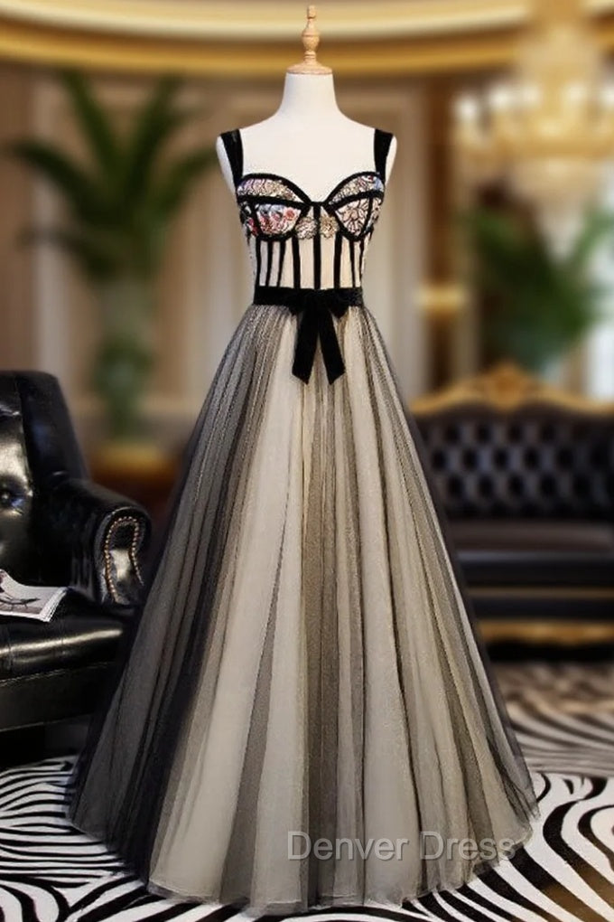 Black Tulle Straps Embroidery Sequins Prom Dresses Main image