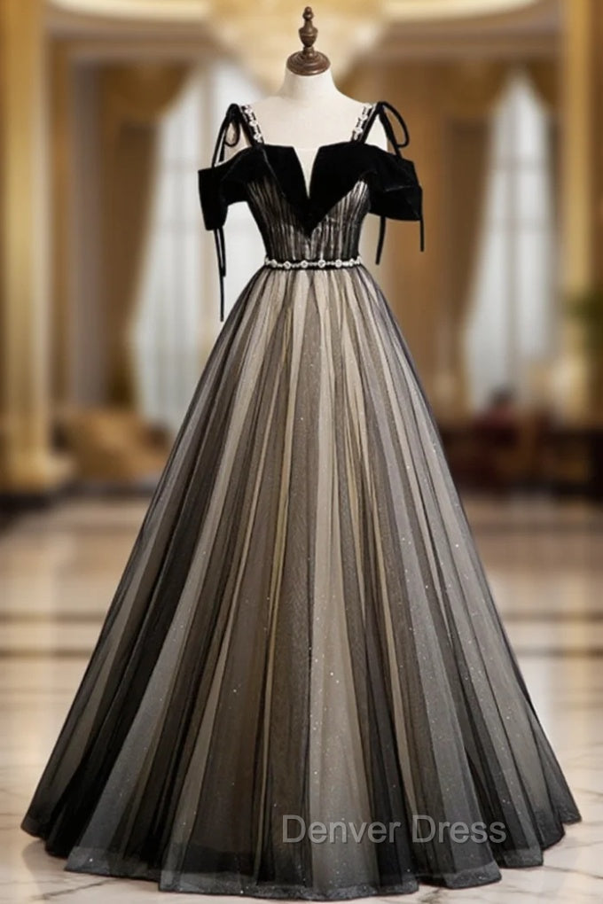 Black Tulle Straps Pleats Beading Prom Dresses