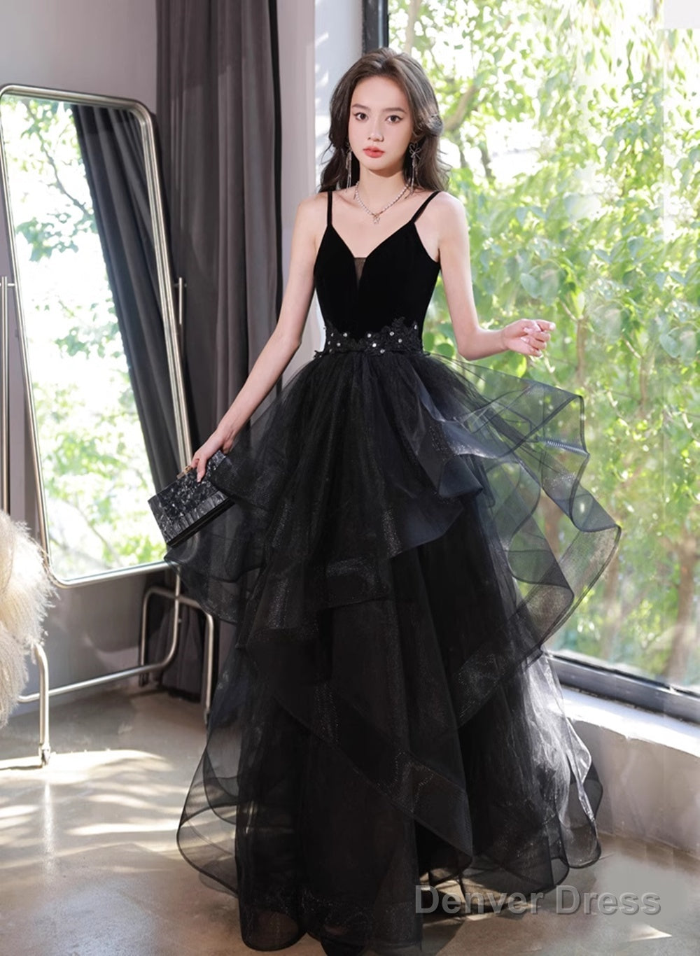 Black Tulle Straps V-Neckline Beaded Long Formal Dress, Black A-Line Prom Dress Main image