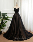 Black Tulle Sweetheart A-line Formal Dresses with Lace, Black Long Prom Dresses