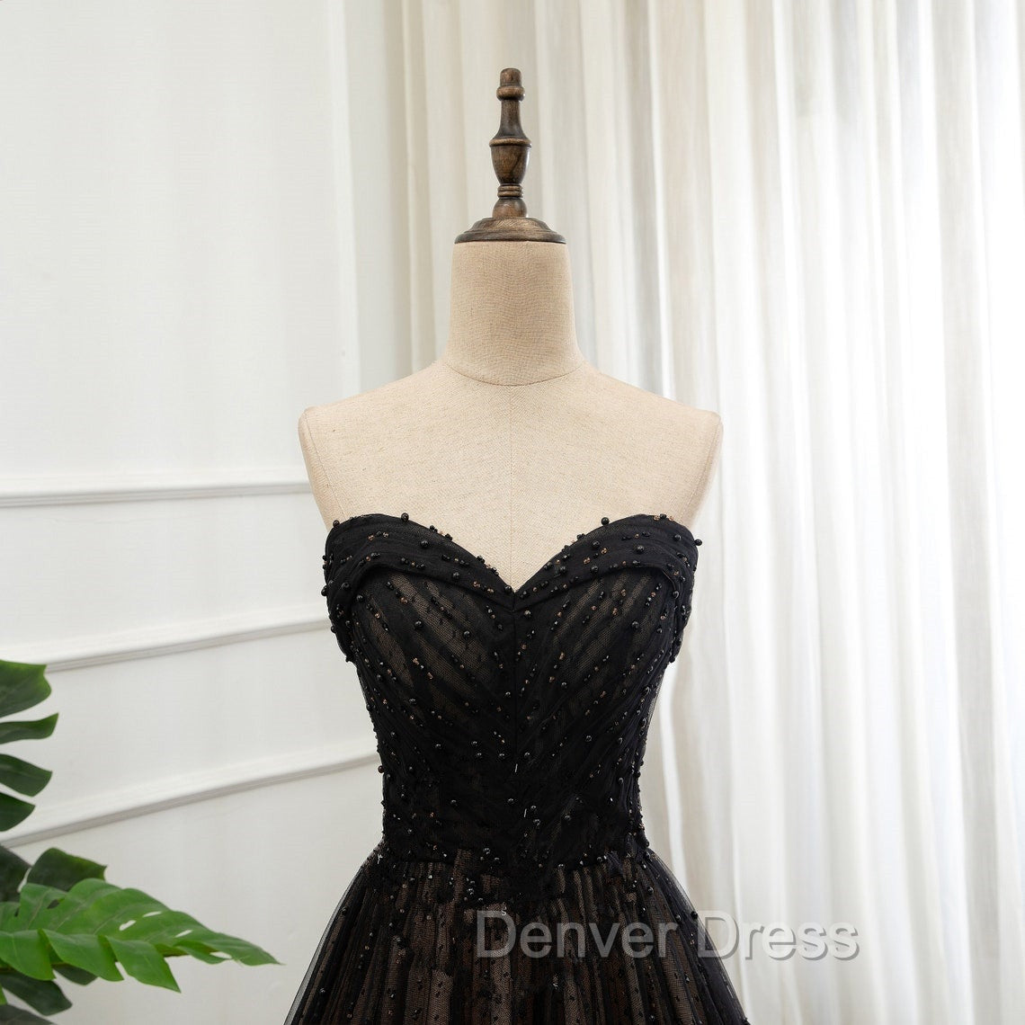 Black Tulle Sweetheart A-line Formal Dresses with Lace, Black Long Prom Dresses
