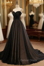 Black Tulle Sweetheart A-line Formal Dresses with Lace, Black Long Prom Dresses
