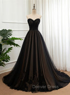 Black Tulle Sweetheart A-line Formal Dresses with Lace, Black Long Prom Dresses