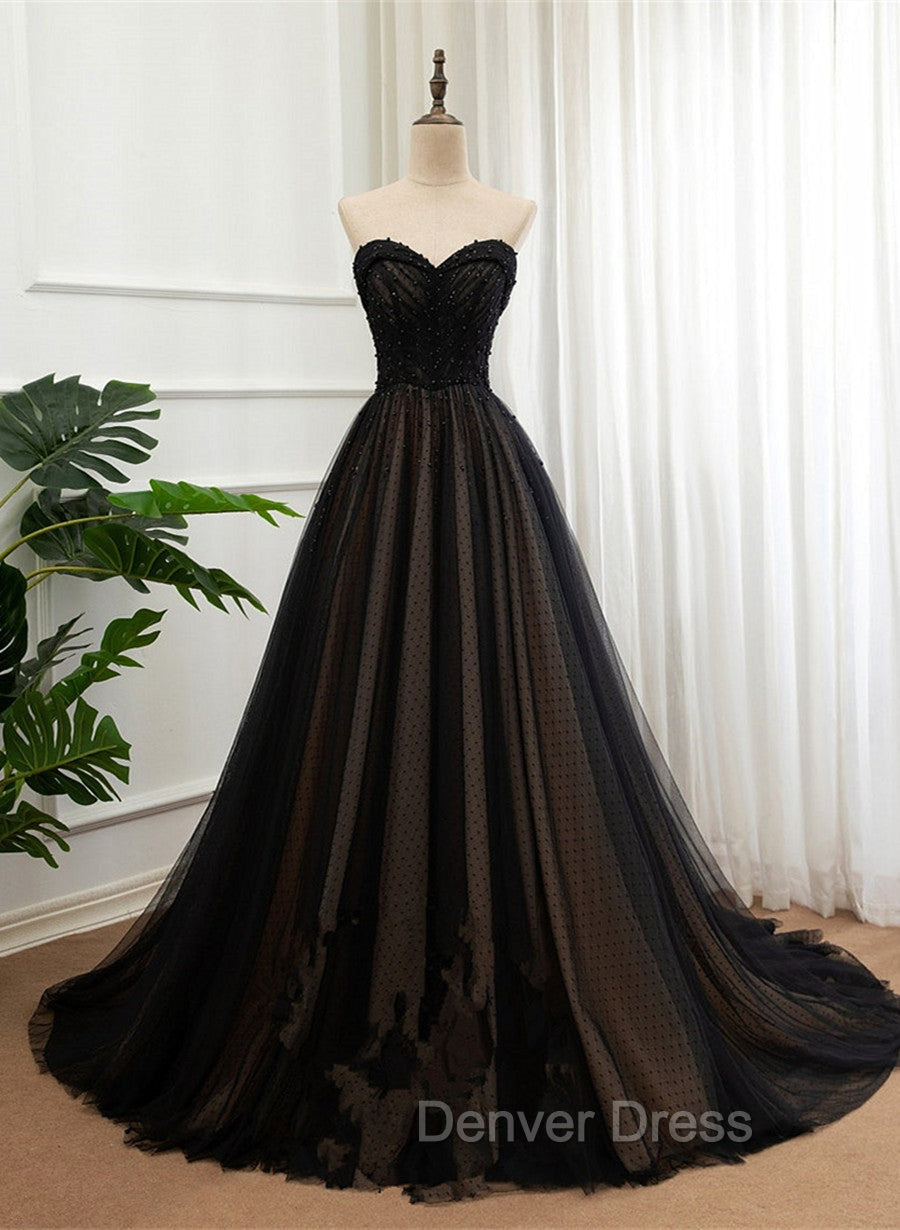 Black Tulle Sweetheart A-line Formal Dresses with Lace, Black Long Prom Dresses